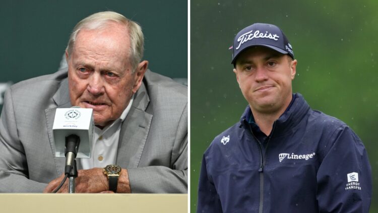 Jack Nicklaus speaks to the press before the Memorial Tournament presented by Workday 2025 / Justin Thomas walks in the rain in round two of The Me...