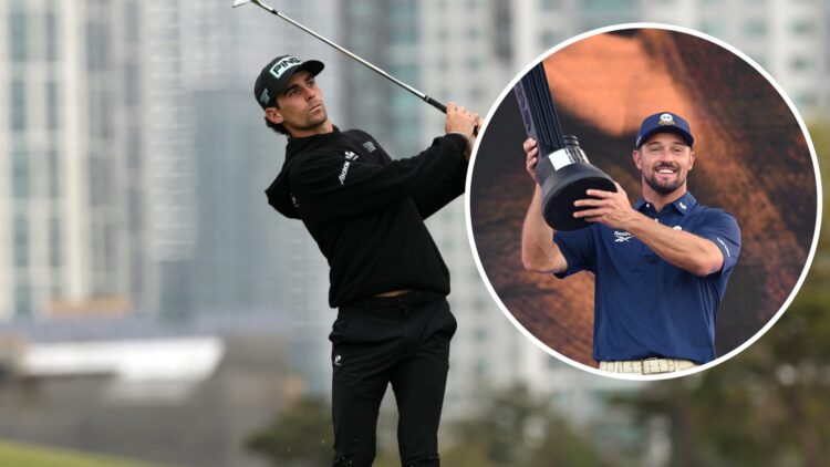Joaquin Niemann hits a shot at LIV Golf Korea, inset of Bryson DeChambeau