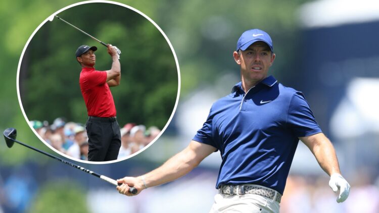 Rory McIlroy in action during the PGA Championship, inset of Tiger Woods