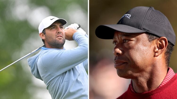 Scottie Scheffler playing a practice round at The Memorial Tournament in 2025 / Tiger Woods looks on during the PNC Championship - Round Two