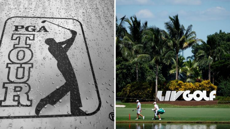 PGA Tour logo at THE PLAYERS Championship - Round Three / LIV Golf signage ahead of the event in Miami