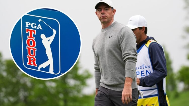 Rory McIlroy walks the fairways in round one of the Canadian Open with overlay of the PGA Tour logo