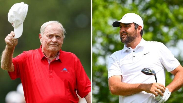 A split image of Jack Nicklaus in 2025 and Scottie Scheffler hitting a shot at The Memorial Tournament in 2025