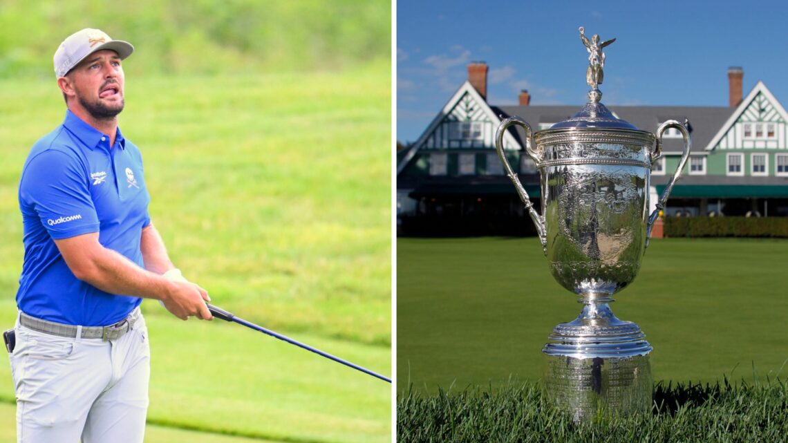 Bryson DeChambeau after hitting an iron shot on the 17th hole at LIV Golf Virginia / The U.S. Open trophy during a Media Day at Oakmont in 2016