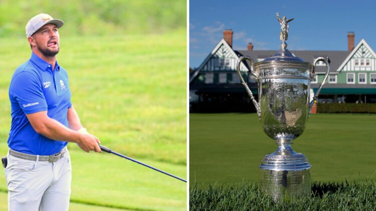 Bryson DeChambeau after hitting an iron shot on the 17th hole at LIV Golf Virginia / The U.S. Open trophy during a Media Day at Oakmont in 2016