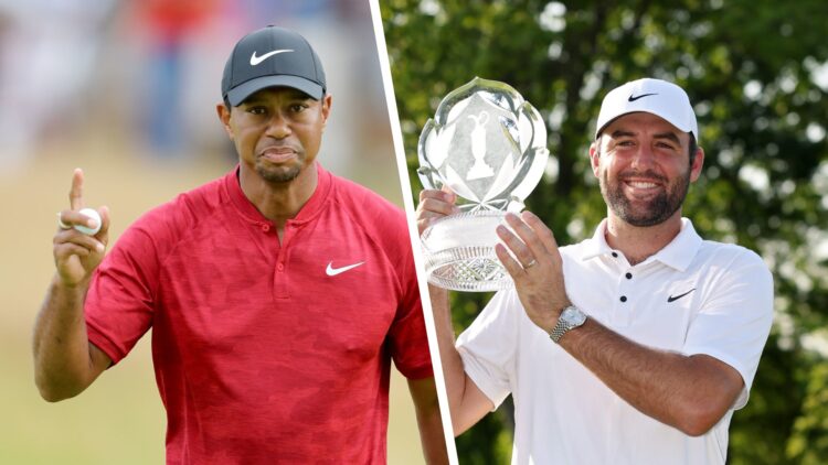 A split image of Scottie Scheffler holding the Memorial trophy and Tiger Woods playing golf in 2018