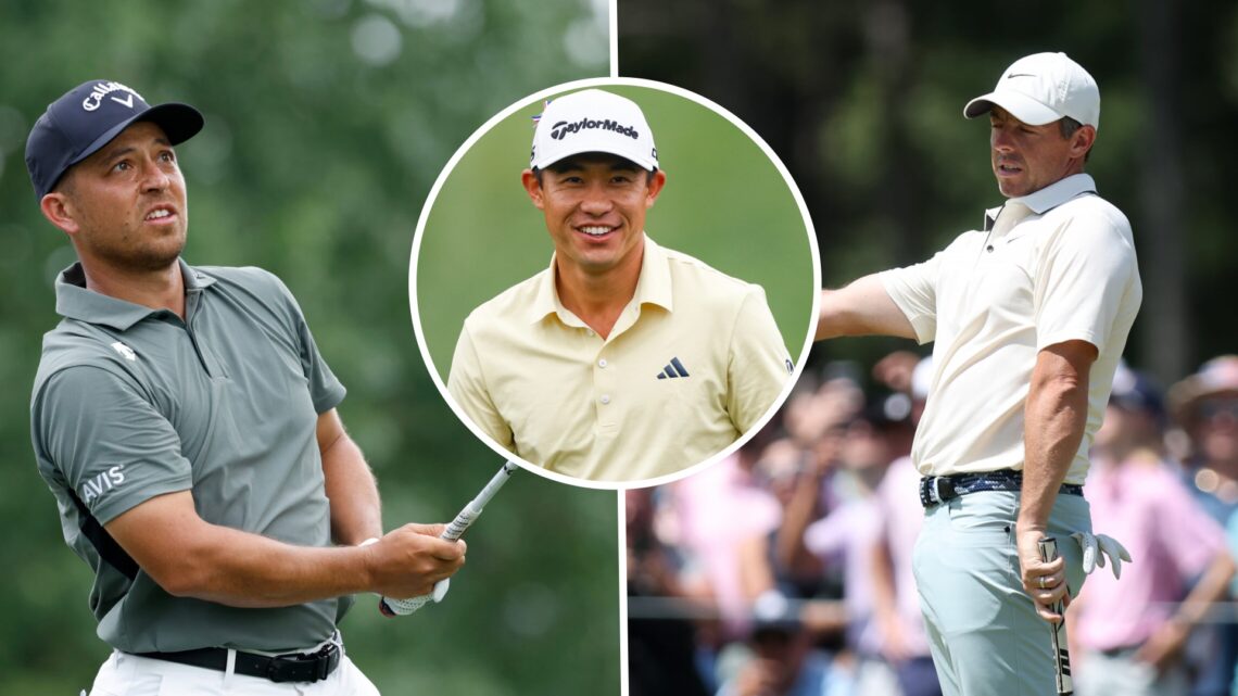 A split image of Xander Schauffele and Rory McIlroy, with an inset of Collin Morikawa