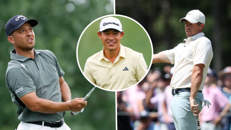 A split image of Xander Schauffele and Rory McIlroy, with an inset of Collin Morikawa