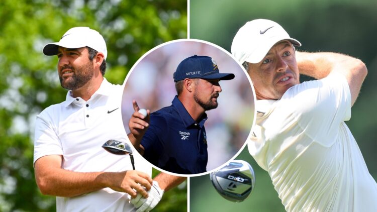 Split image of Scottie Scheffler and Rory McIlroy, inset of Bryson DeChambeau
