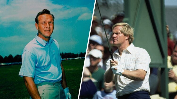 A split image of Arnold Palmer and Jack Nicklaus playing golf