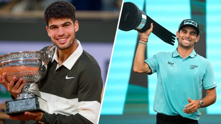 A split image of Carlos Alcaraz with the French Open trophy and Joaquin Niemann with the LIV Golf Virginia trophy