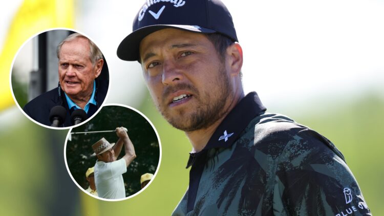 An image of Xander Schauffele in 2025 with insets of Jack Nicklaus and Sam Snead