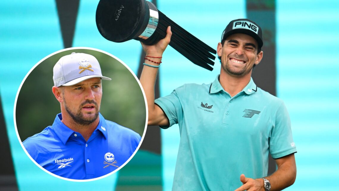 Joaquin Niemann with LIV Golf Virginia trophy and inset of Bryson DeChambeau