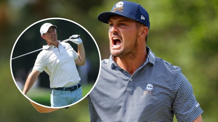 Bryson DeChambeau celebrates winning the US Open in 2024 with an inset of Rory McIlroy at the Memorial in 2025