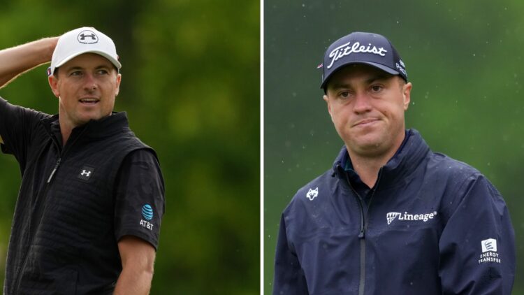 Jordan Spieth looks bemused during round three of the Memorial Tournament presented by Workday 2025 / Justin Thomas walks in the rain in round two ...