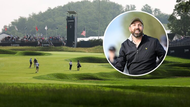 General view of second hole at Oakmont Country Club in 2025, inset Rick Shiels reacts during The Open Invitational in 2023