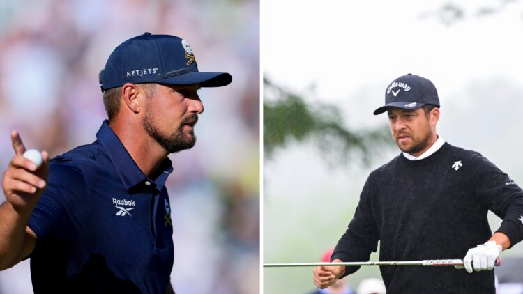 Bryson DeChambeau in action during the 2025 PGA Championship - Final Round / Xander Schauffele in action at the Truist Championship 2025