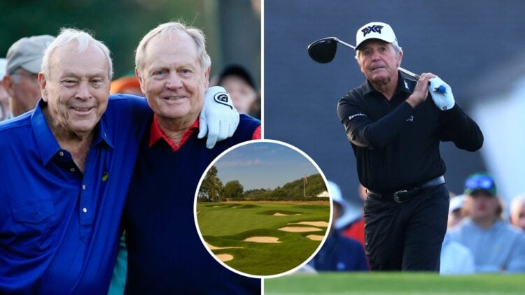 Split image of Arnold Palmer and Jack Nicklaus at the 2015 Masters (L) and Gary Player at the 2025 Masters (R), inset a general view of Oakmont in ...