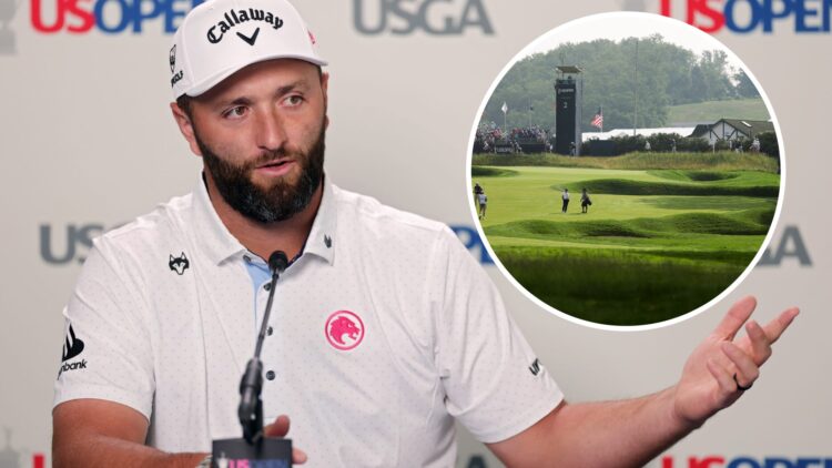 Jon Rahm at US Open press conference with inset of Oakmont Country Club