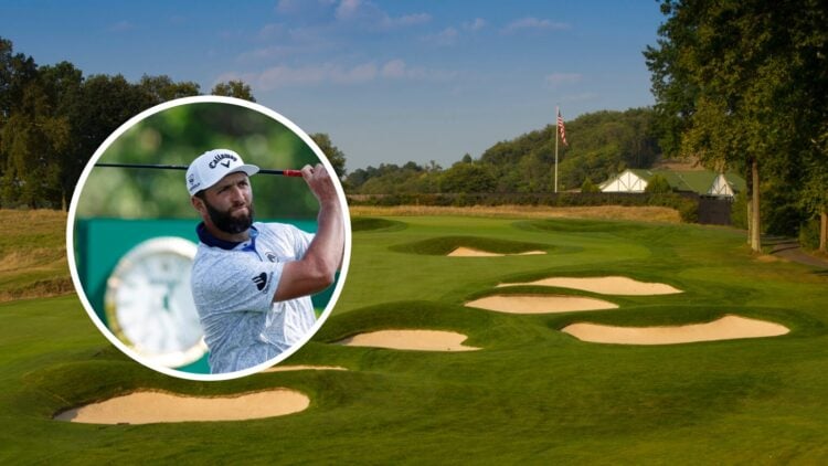 A general view of Oakmont at the 2016 US Open, inset of Jon Rahm