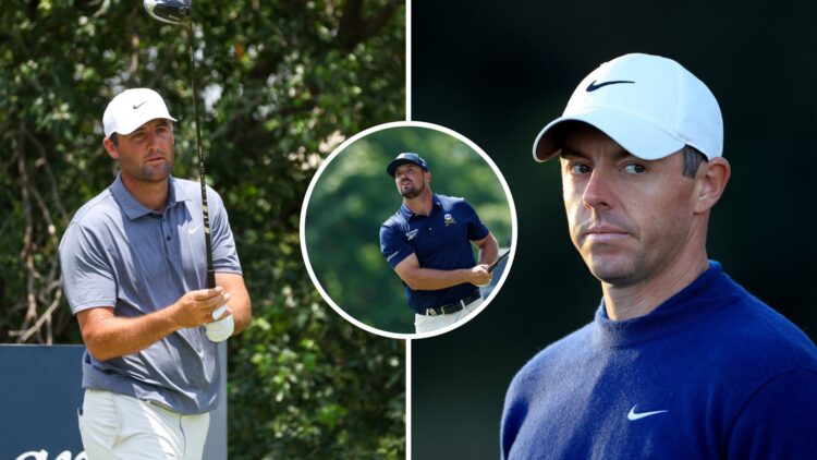 Scottie Scheffler playing at Charles Schwab Challenge / Bryson DeChambeau in action at the 2025 PGA Championship / Rory McIlroy during the second r...