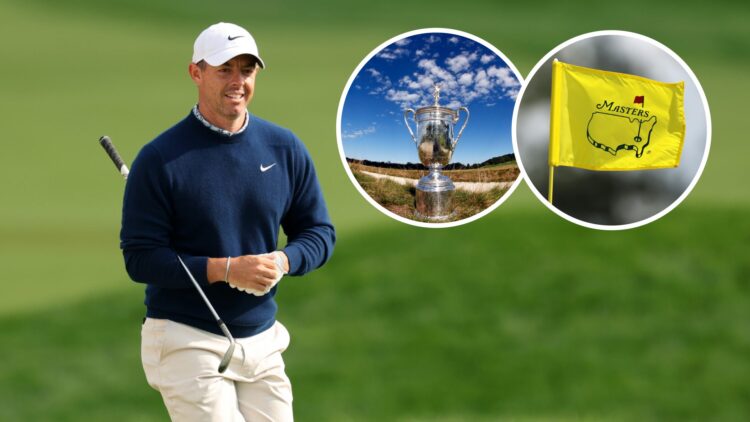 Rory McIlroy image with insets of Masters flag and US Open trophy
