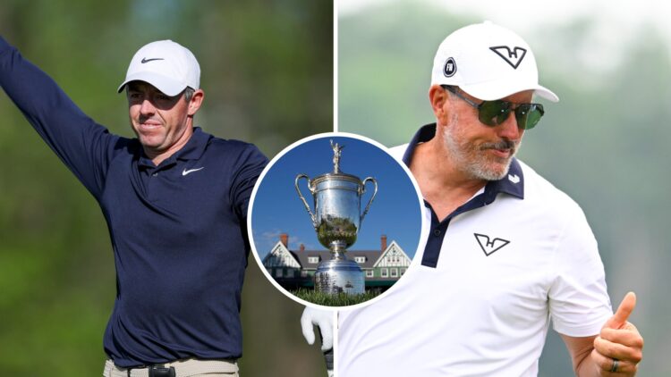 Split image of Rory McIlroy and Phil Mickelson with US Open inset