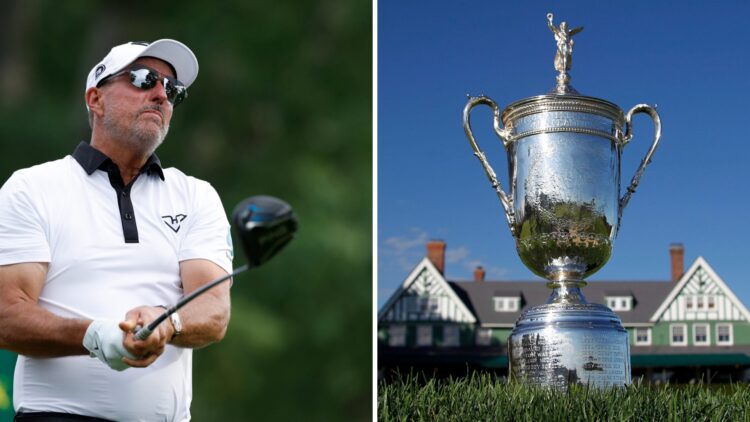Phil Mickelson hits his tee shot on the 18th hole during the second round of the 2025 PGA Championship / The US Open trophy pictured outside the cl...