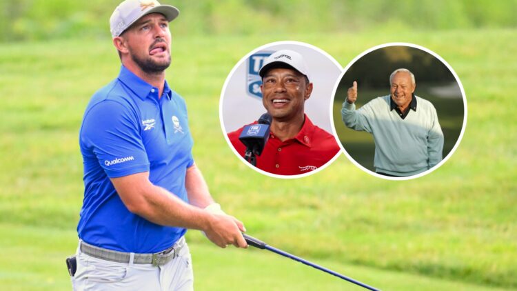 Bryson DeChambeau image with Tiger Wood and Arnold Palmer insets