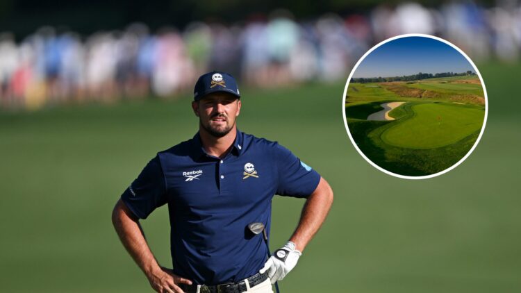 Bryson DeChambeau looks on during the 2025 PGA Championship, inset a general view of the sixth hole at Oakmont at the 2016 US Open