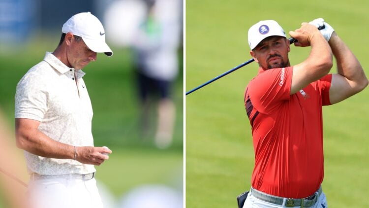 Rory McIlroy and Bryson DeChambeau in action on day one at the 2025 US Open