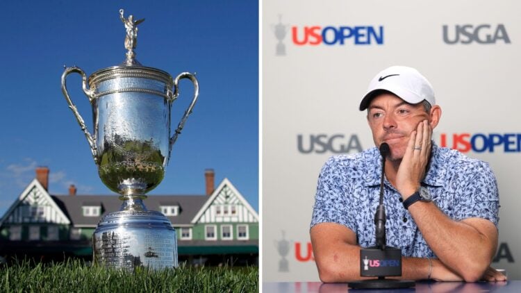 The US Open trophy pictured outside the clubhouse at Oakmont / Rory McIlroy speaks to the press ahead of the 2025 US Open at Oakmont