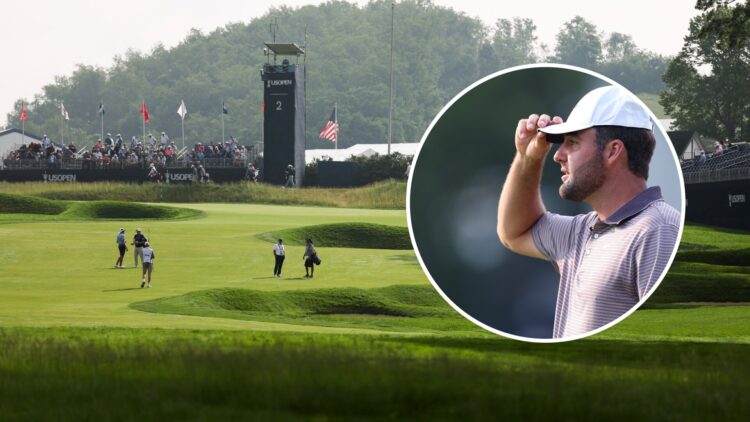 General view of Oakmont before the 2025 US Open, inset Scottie Scheffler reacts during the 2025 US Open