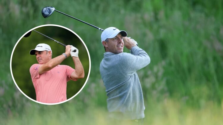 Rory McIlroy practicing ahead of the US Open, inset of Paul McGinley