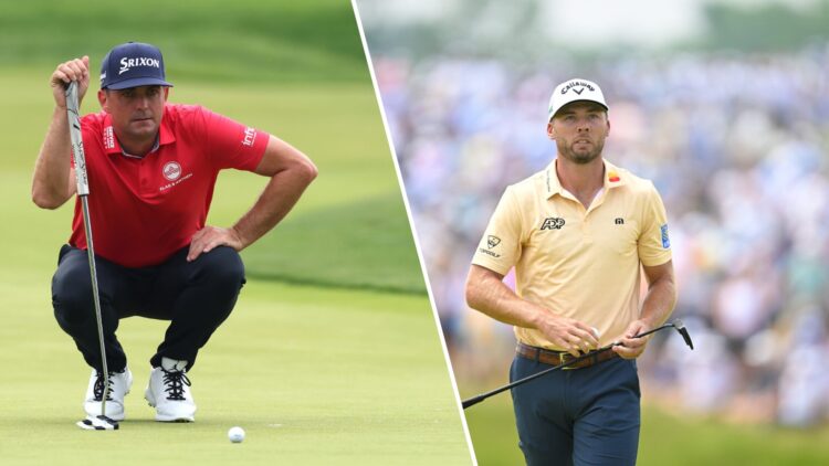Keegan Bradley in action during day two of the 2025 US Open at Oakmont / Sam Burns in action during day two of the US Open at Oakmont