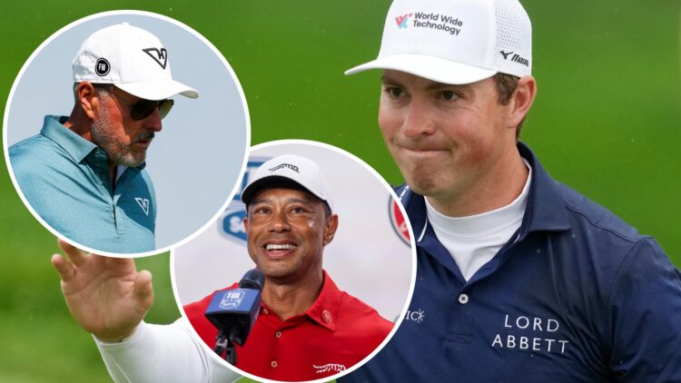 An image of Ben Griffin with overlays of both Phil Mickelson and Tiger Woods