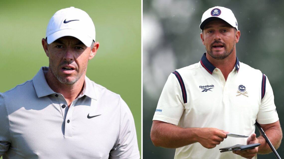 Split image of Rory McIlroy (L) looking on during a practice round at the 2025 US Open and Bryson DeChambeau (R) looking on during round two of the...