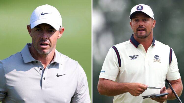 Split image of Rory McIlroy (L) looking on during a practice round at the 2025 US Open and Bryson DeChambeau (R) looking on during round two of the...