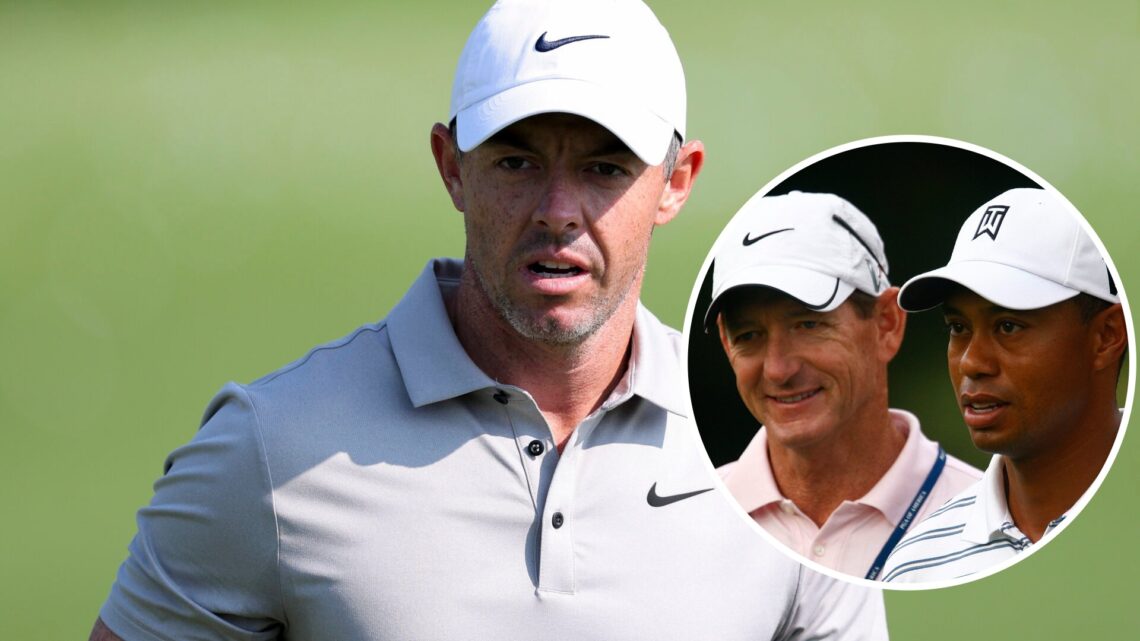 An image of Rory McIlroy at the 2025 US Open and an overlay of Hank Haney with Tiger Woods