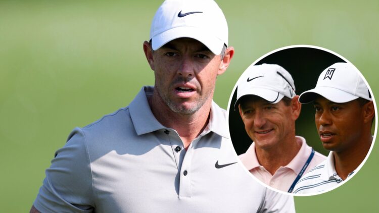 An image of Rory McIlroy at the 2025 US Open and an overlay of Hank Haney with Tiger Woods