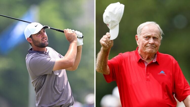 Scottie Scheffler hits his tee shot on the fifth hole at Oakmont on day one of the US Open / Jack Nicklaus at The Insperity Invitational in 2025