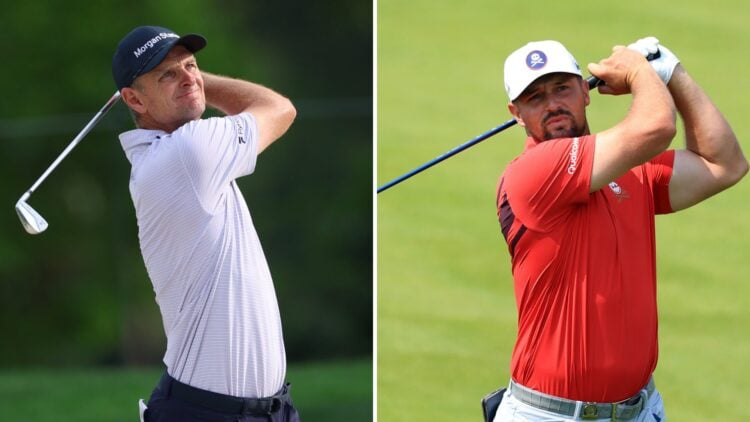 Split image of Justin Rose (L) playing at the 2025 PGA Championship and Bryson DeChambeau (L) playing at the 2025 US Open