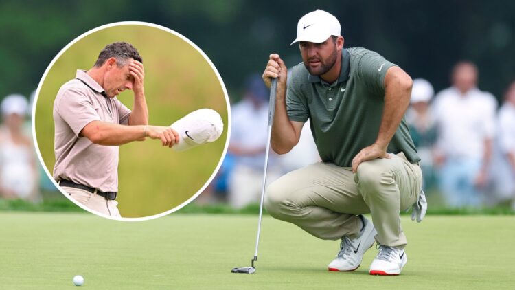 Scottie Scheffler lines up a putt at the US Open, inset of Rory McIlroy