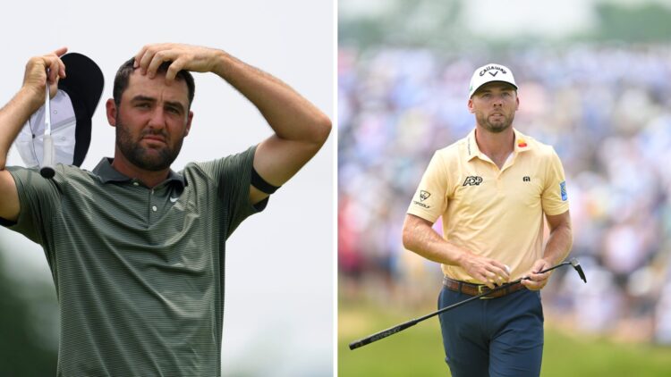 Scottie Scheffler looks dejected after finishing his second round of the US Open at Oakmont/ Sam Burns in action during day two of the US Open at O...