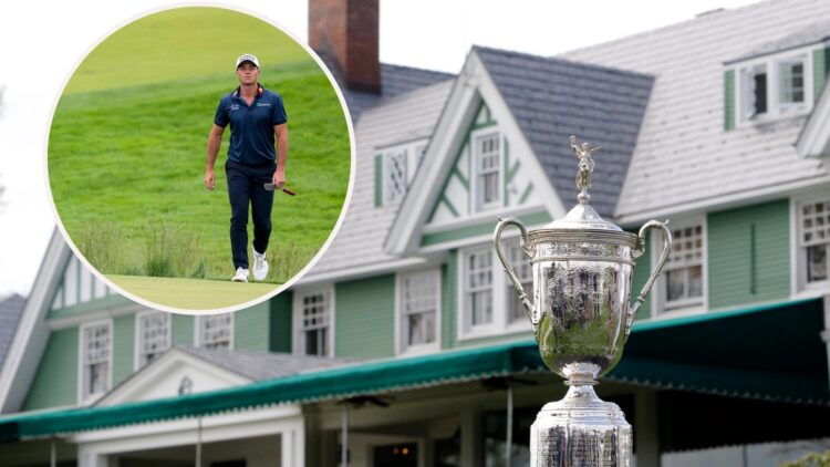 Viktor Hovland strides down the fairway at Oakmont / US Open trophy pictured outside the Oakmont club house