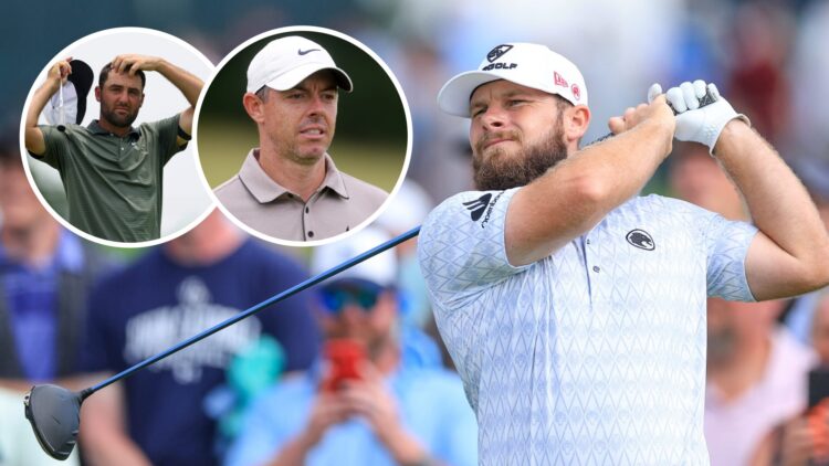 Tyrrell Hatton image with Scottie Scheffler and Rory McIlroy insets