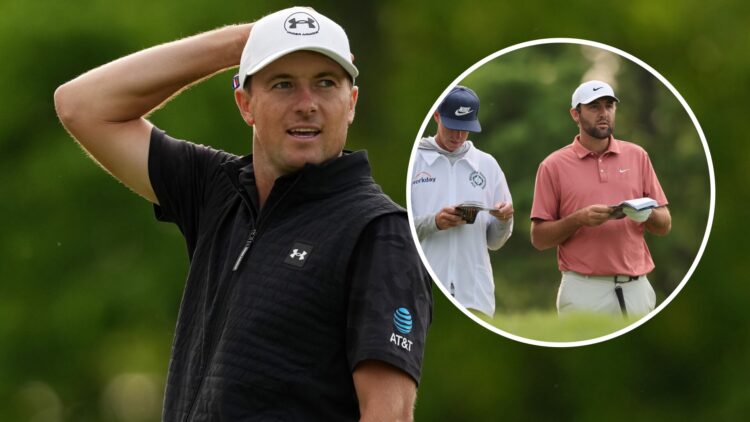 Jordan Spieth reacts to a shot at The Memorial, inset of Scottie Scheffler