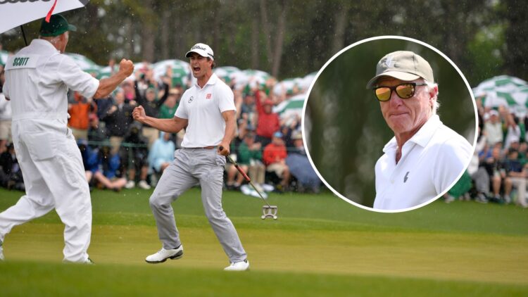 Adam Scott celebrates winning The Masters in 2013, inset Greg Norman looks on during the 2024 LIV Golf Invitational at Jeddah