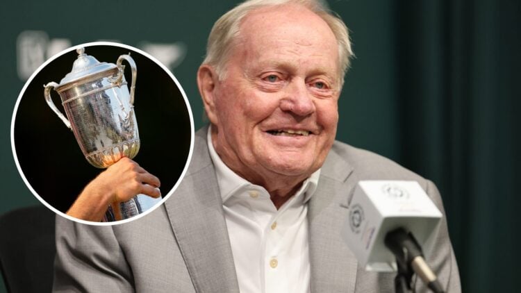 An image of Jack Nicklaus with an overlay of the US Open trophy