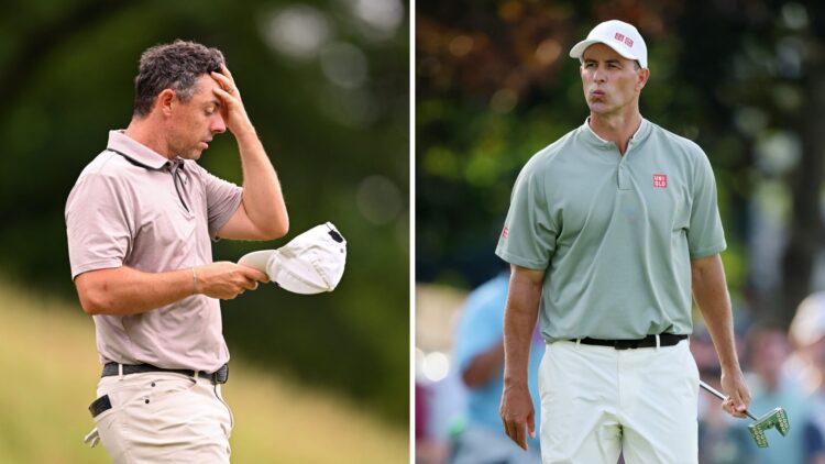A split image of Rory McIlroy and Adam Scott both in action at the 2025 US Open